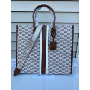 Michael Kors MK Mirella Large Striped Logo Jacquard Tote Bag - Luggage Multi